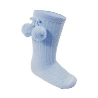 S355-B-06: Blue Knee Length Socks w/Pom Pom (0-6 Months)